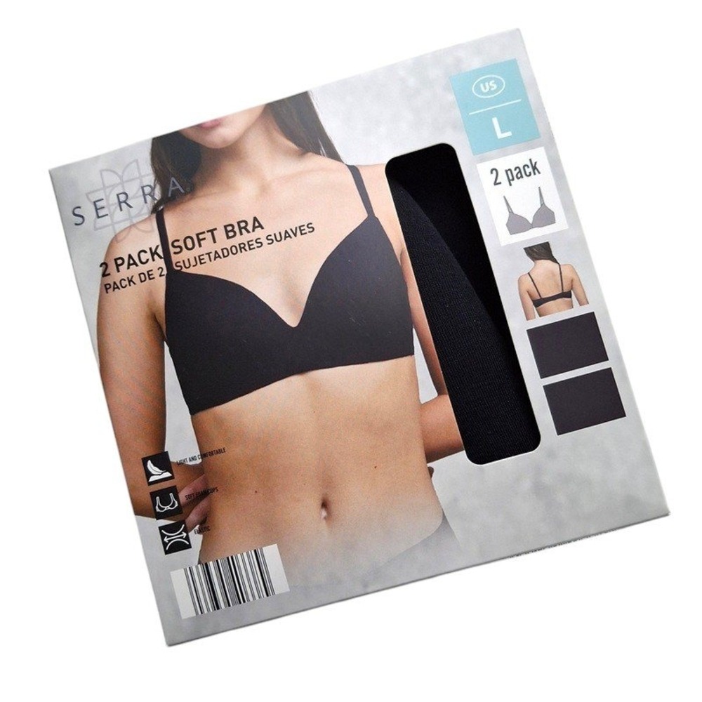 Serra Women Soft Bra Wireless Large Black 2 Pack Cotton Blend Comfort Basics